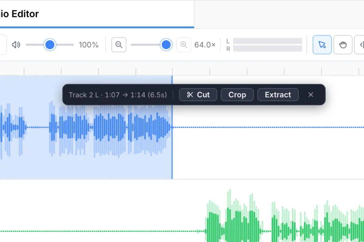 Audio waveform editor showing trim handles, fade markers, and region selection