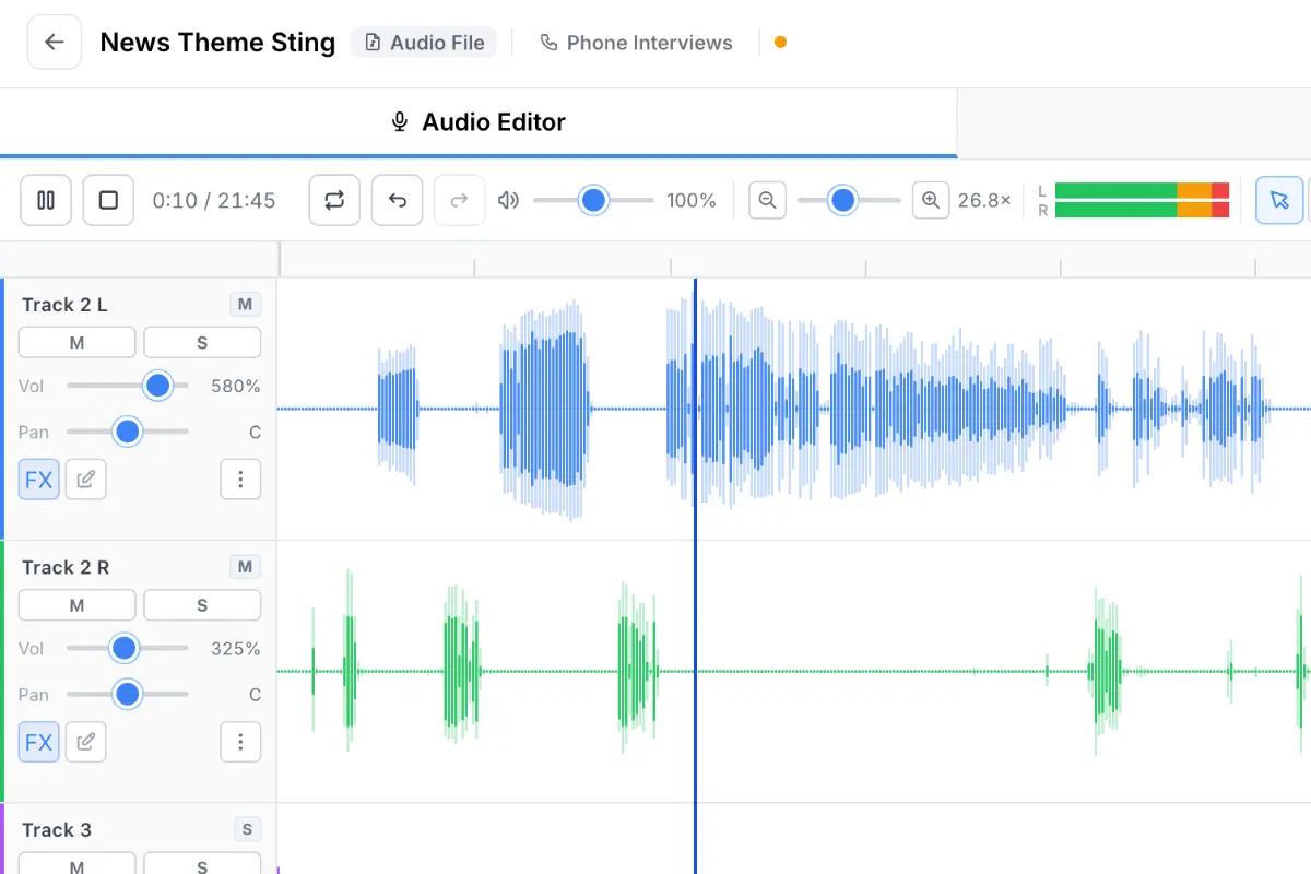 Multitrack audio editor with layered voice, music, and sting tracks