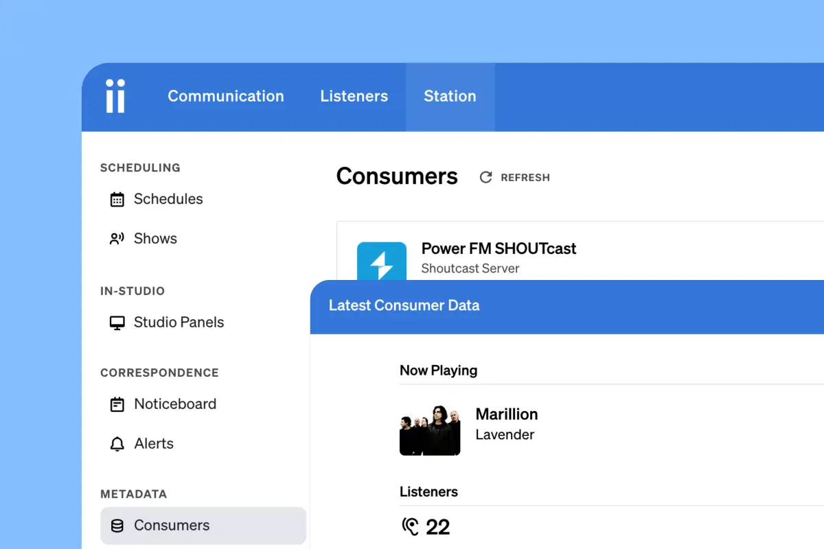 Consumer integrations dashboard syncing data from stream servers, playout systems, and metadata platforms