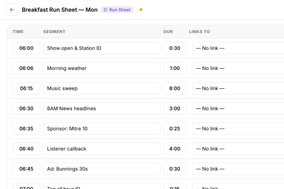 Run sheet editor showing time, segment, duration, and links-to columns