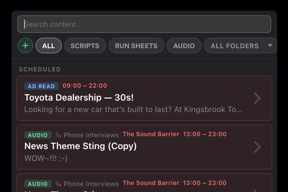 Studio Panel showing CSA announcement queue
