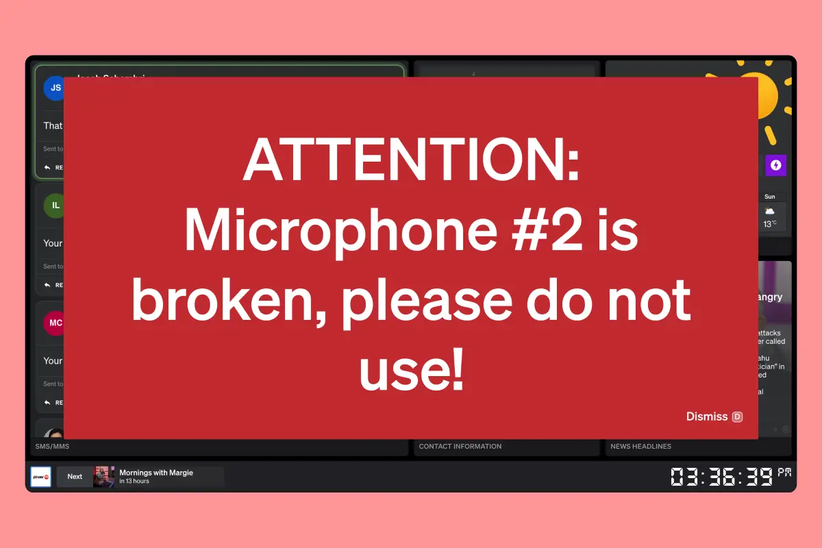 Full-screen critical alert notification displaying on studio panel requiring acknowledgement
