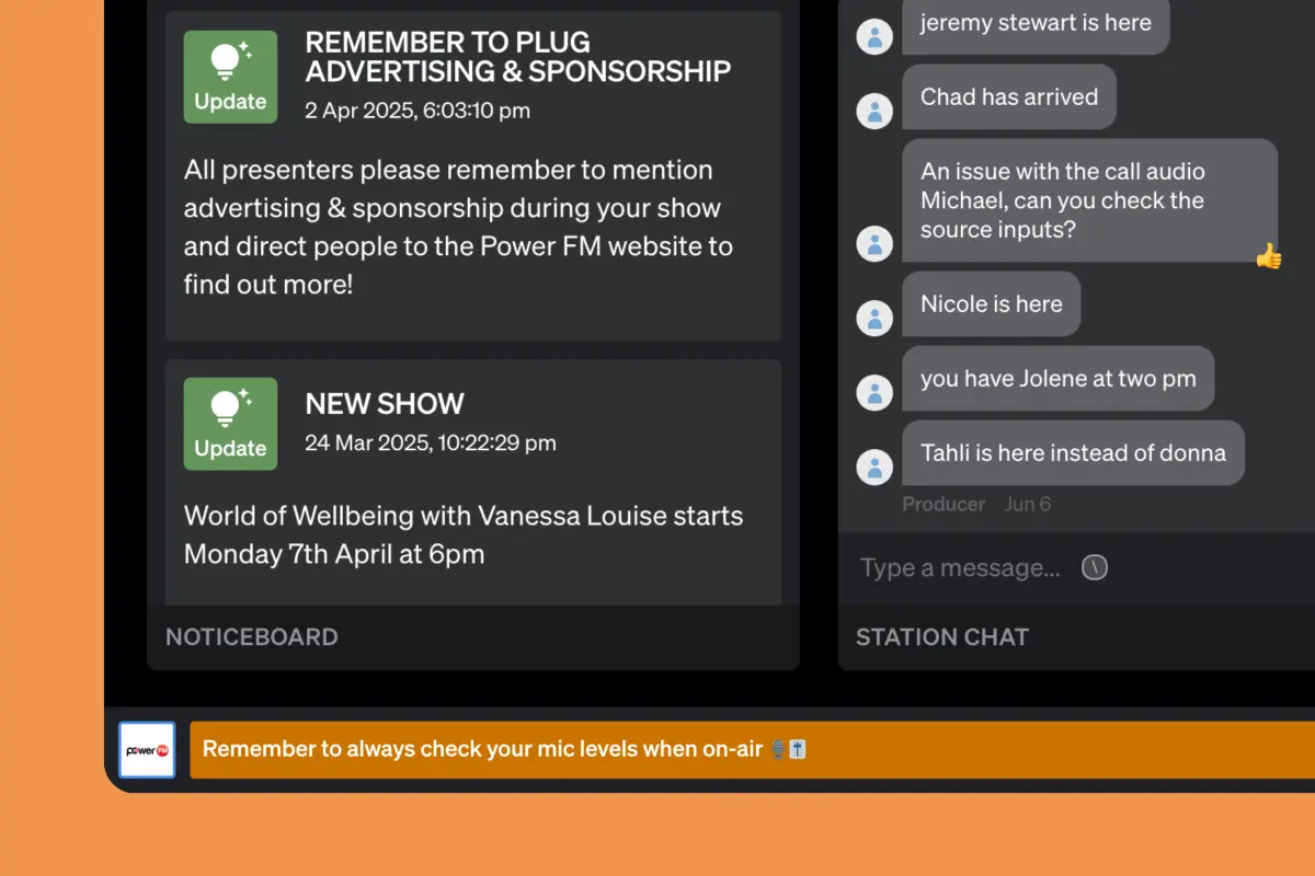 Correspondence system showing noticeboard, alerts, and live chat for presenter communication