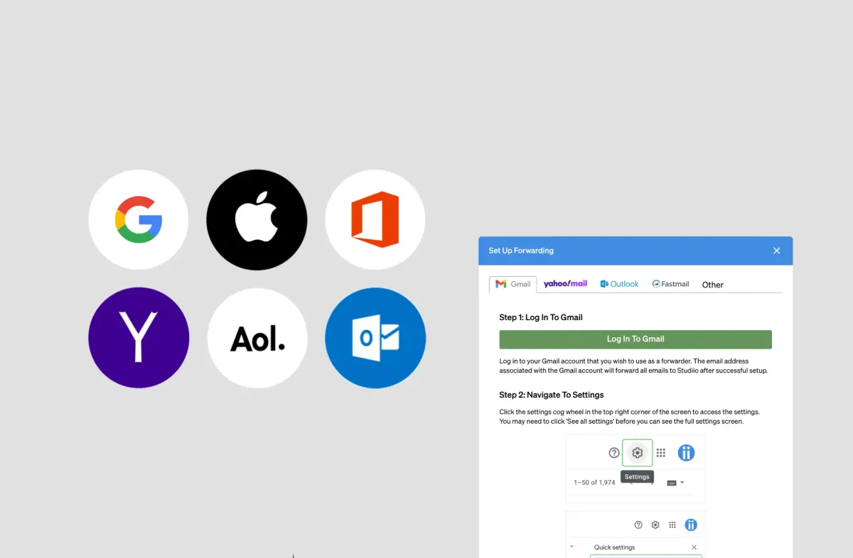 Email forwarding setup interface compatible with any email provider for easy integration