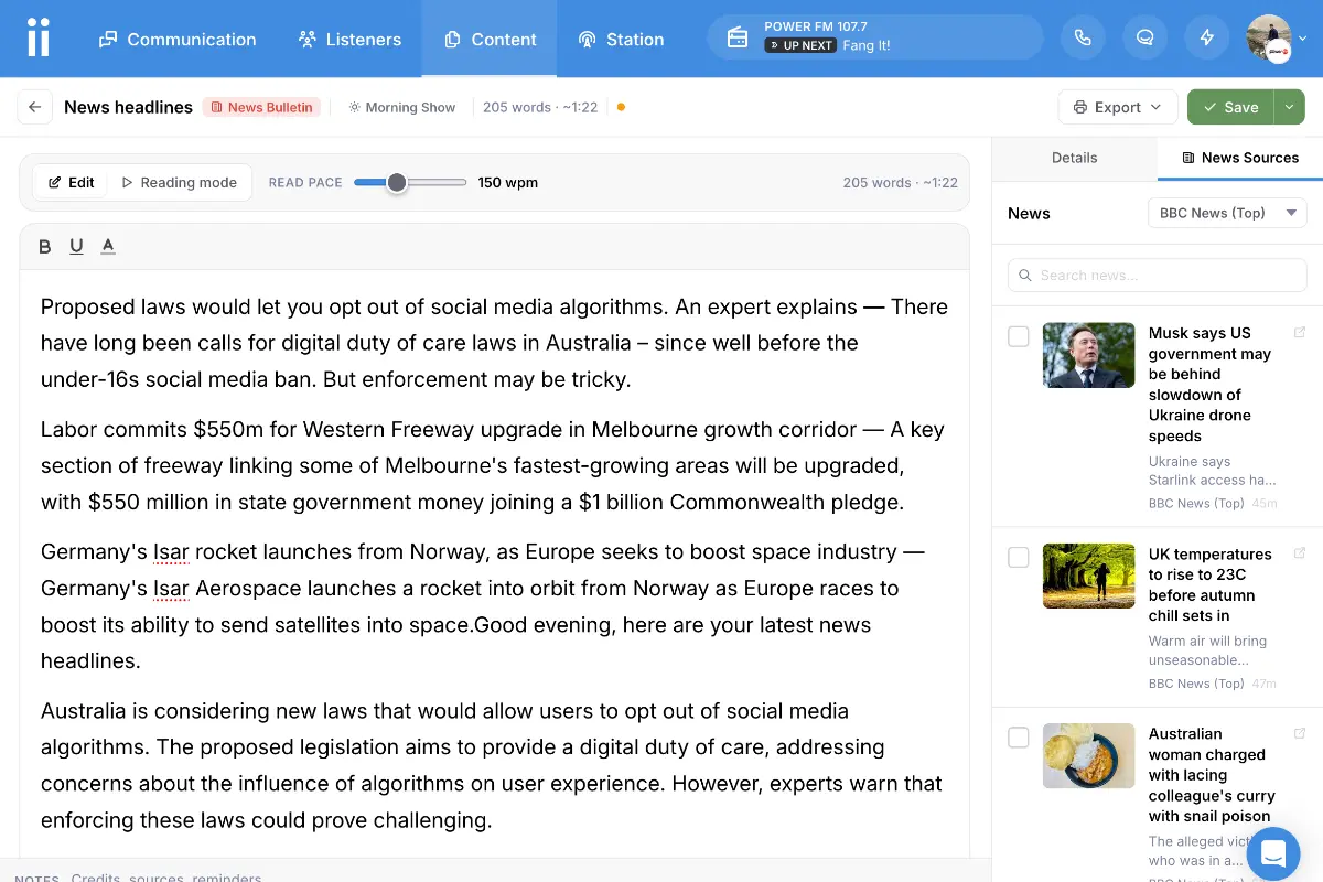 Script editor with news wire sidebar and AI script generation