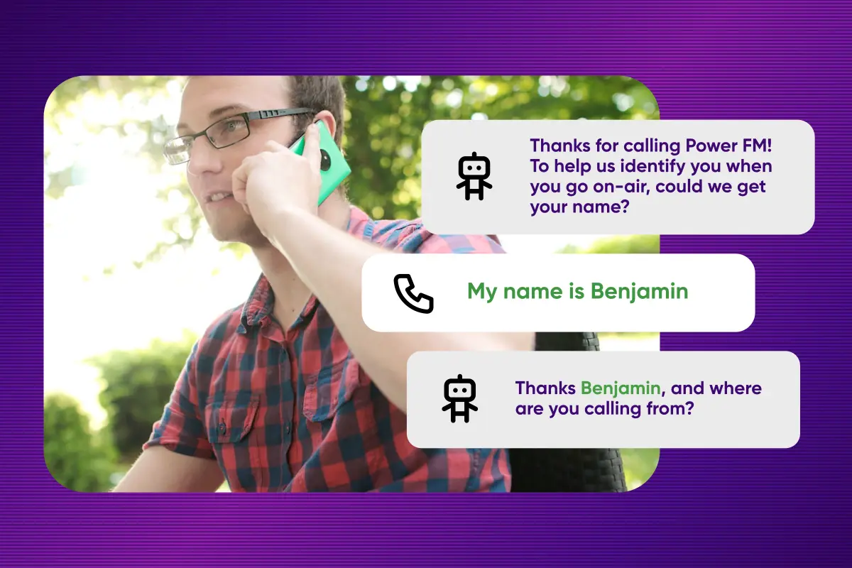 AI auto-screener interface collecting caller name and location information automatically