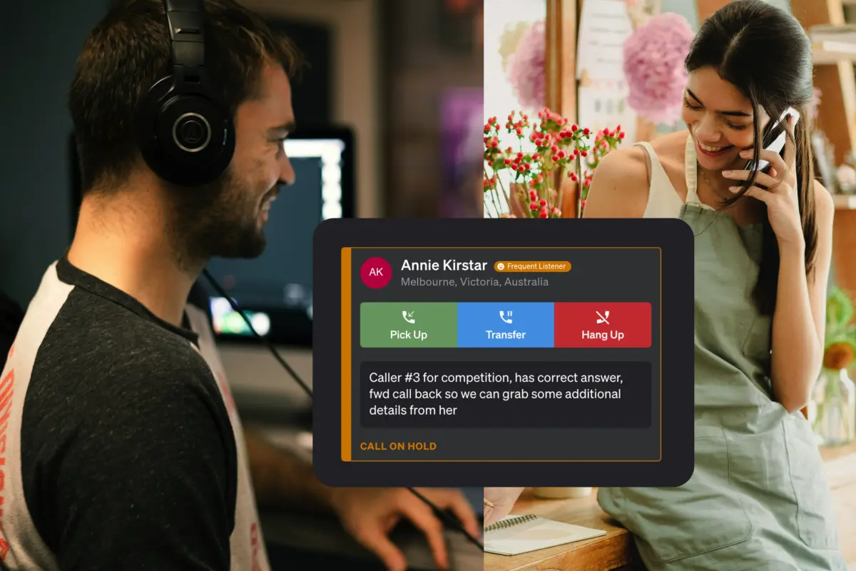 Web-based phone system interface showing active calls, caller queue, and call controls