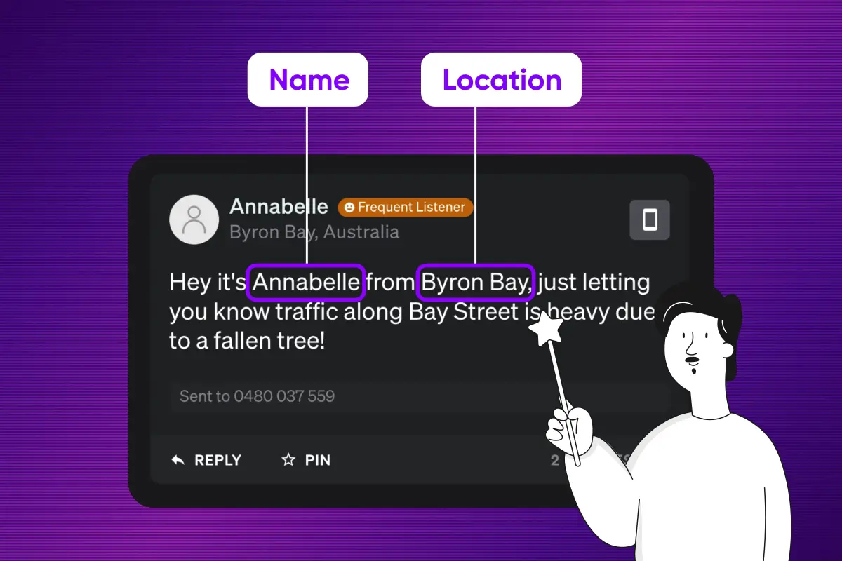 SMS messaging interface showing automated listener identification with message from Annabelle, a frequent listener from Byron Bay, Australia, reporting traffic delays on Bay Street due to fallen tree, with name and location automatically detected and highlighted