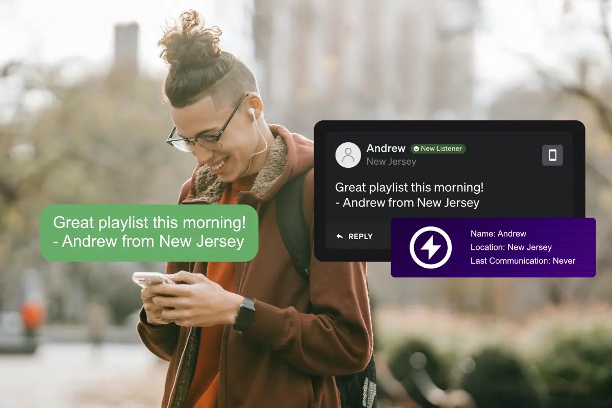 Man with headphones smiling while texting on his phone, with SMS messaging interface overlay showing a message from Andrew in New Jersey saying "Great playlist this morning!" and broadcaster reply panel displaying listener details