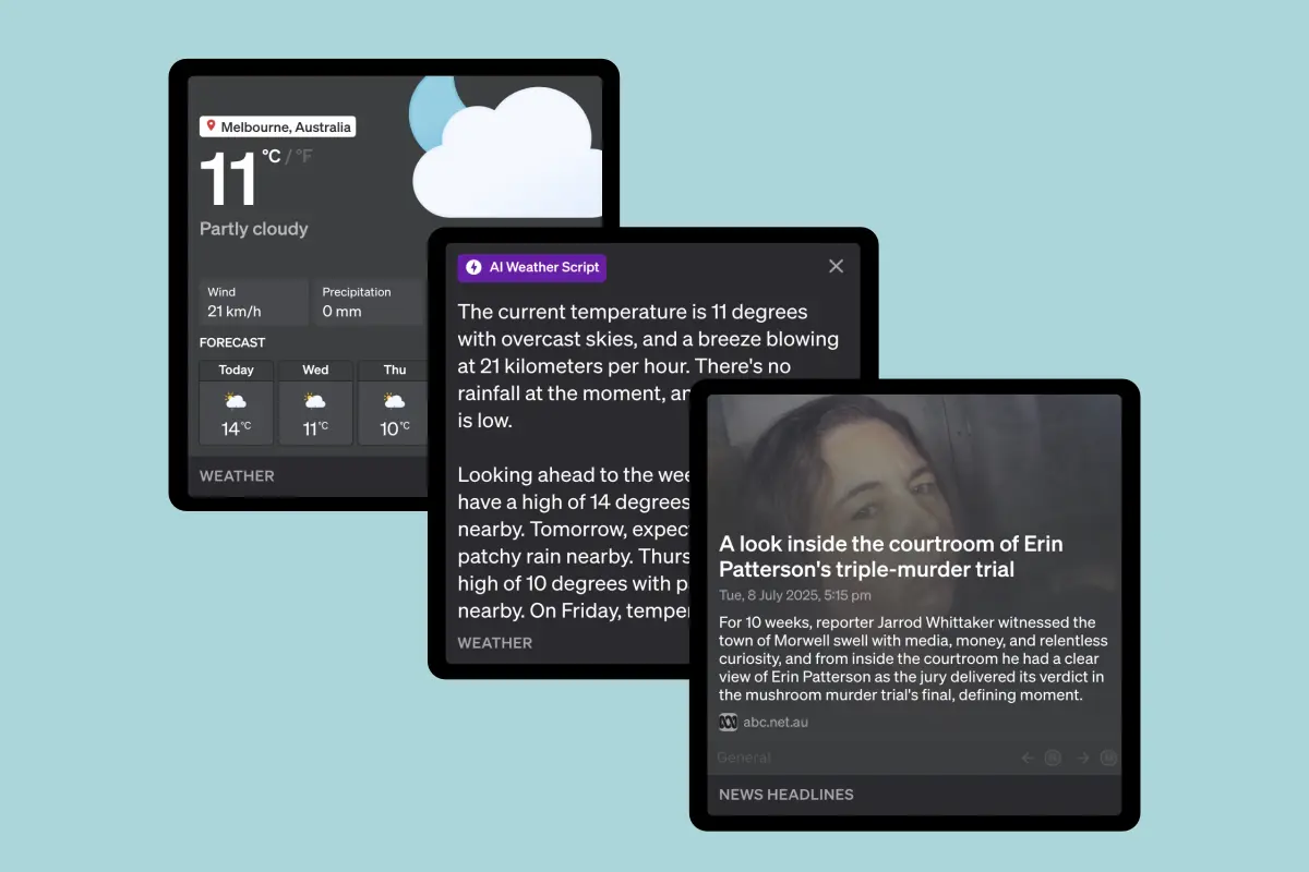 Studio Panel showing local news headlines, traffic reports, and weather forecast blocks