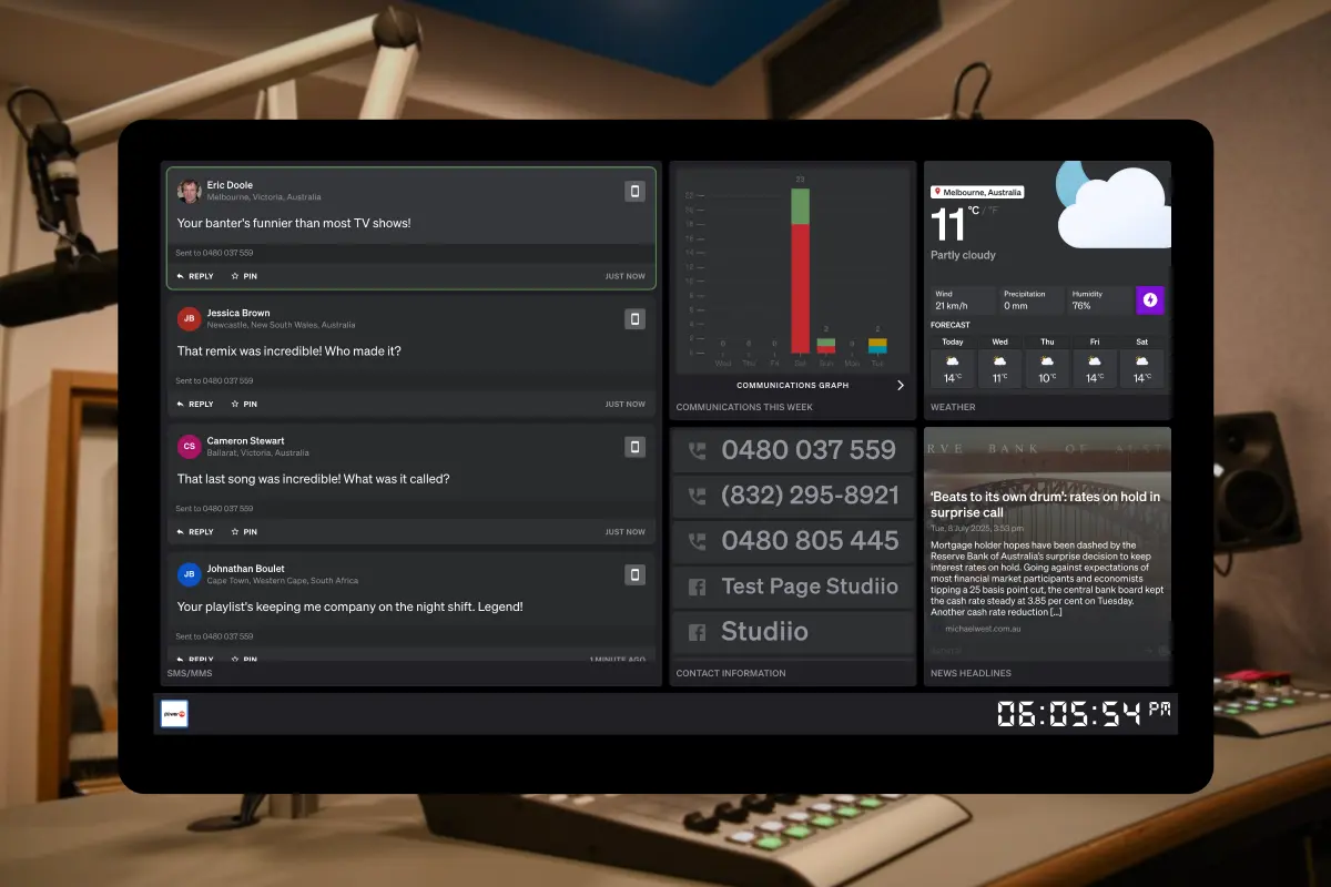 Studio Panel dashboard displaying live communication feeds and content blocks for radio presenters