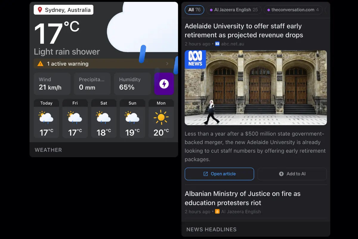 Studio Panel showing live weather widget and news headlines block